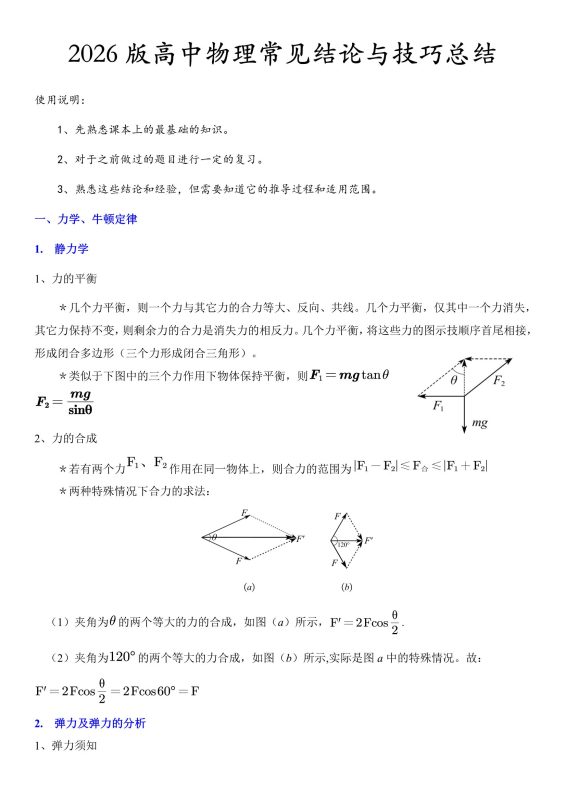 【图解知识】2026版高中物理常见结论与技巧总结（33页附图解）-新知学习资料网