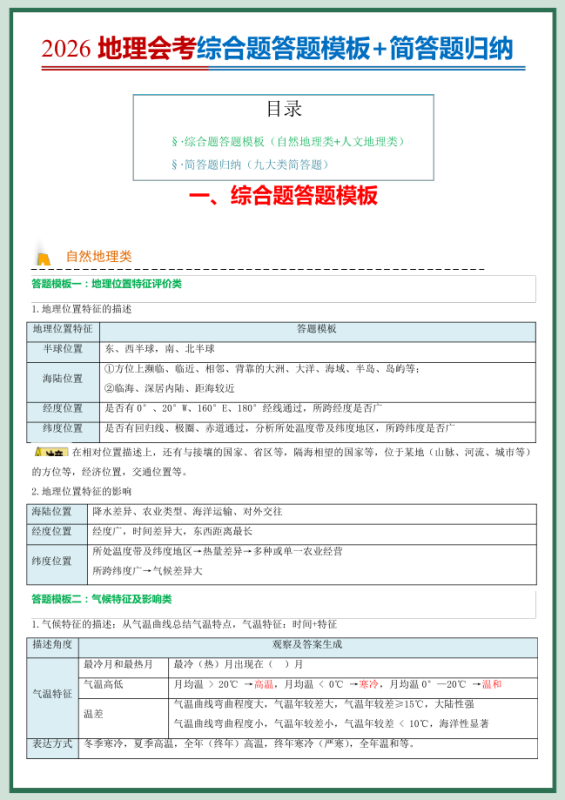 2026高中地理会考综合题答题模板+简答题归纳.docx（32页）-新知学习资料网